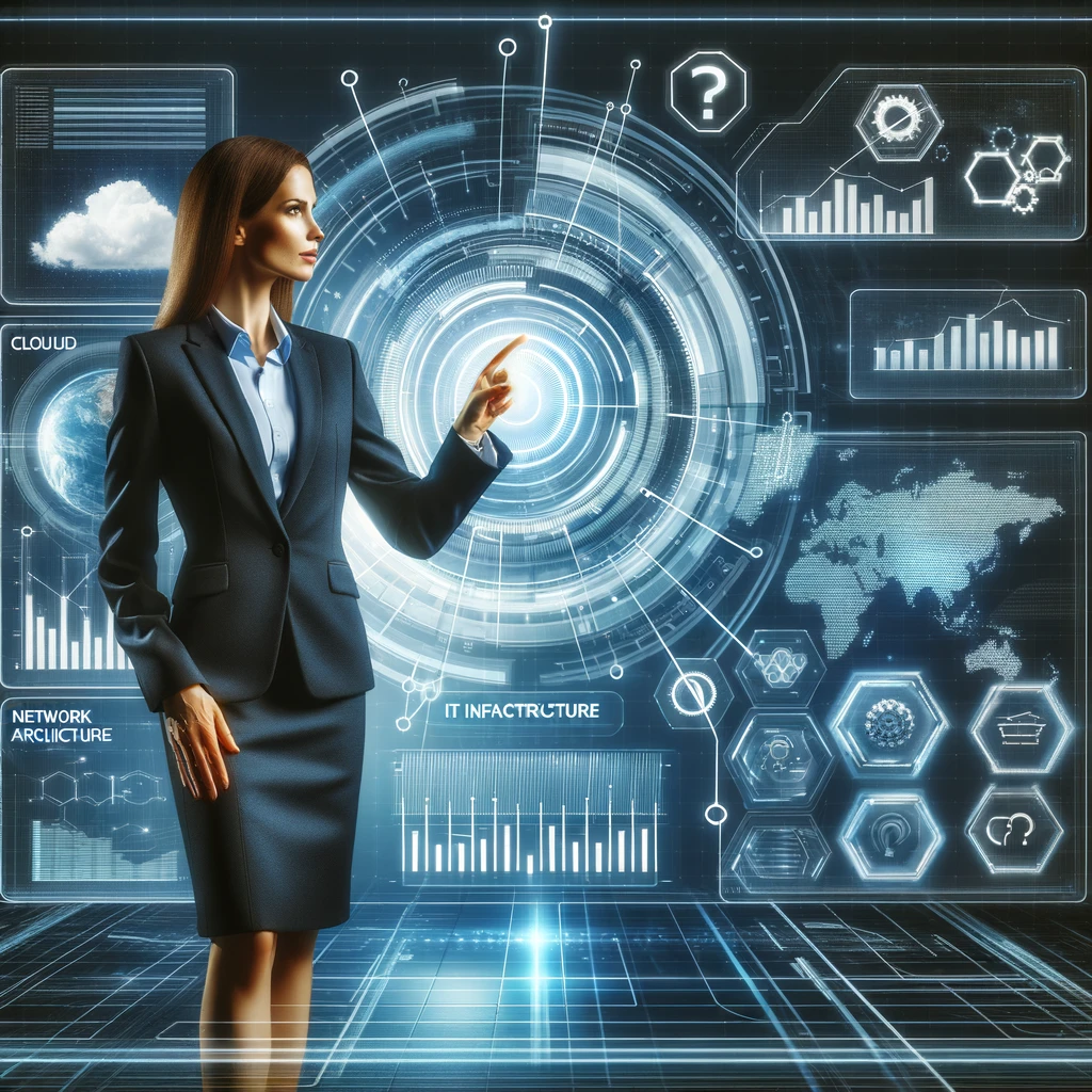 DALL·E 2024-02-20 16.29.59 - A professional woman standing in front of a futuristic digital interface displaying charts, graphs, and network diagrams, symbolizing a deep dive into